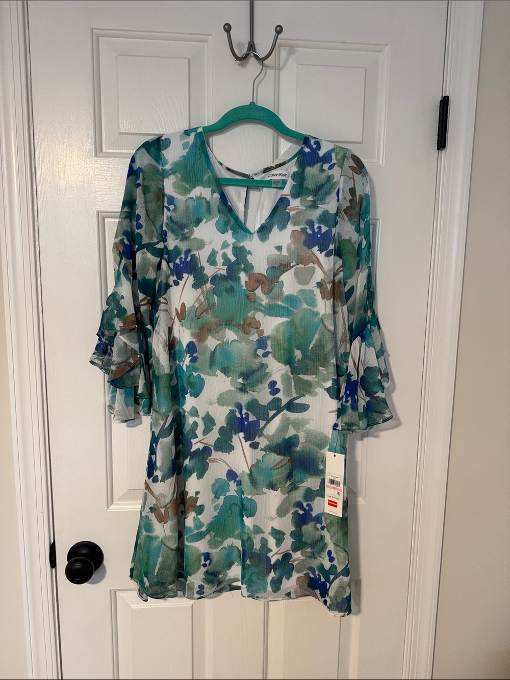 Calvin Klein Teal and Blue Floral V-Neck Mini Dress